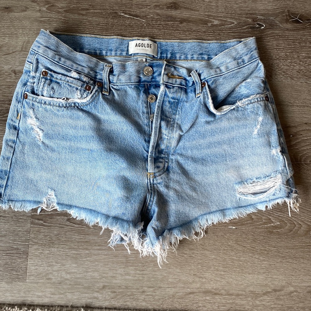Agolde women’s size 28 denim button fly cut off shorts